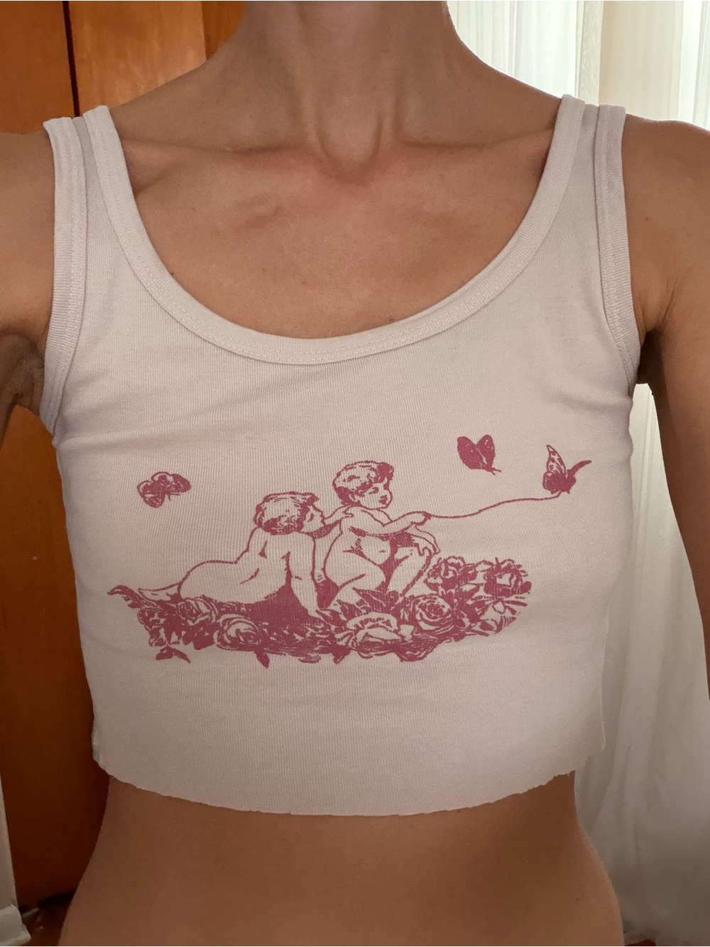 PacSun White Cropped Tank with Pink Cherub Graphic